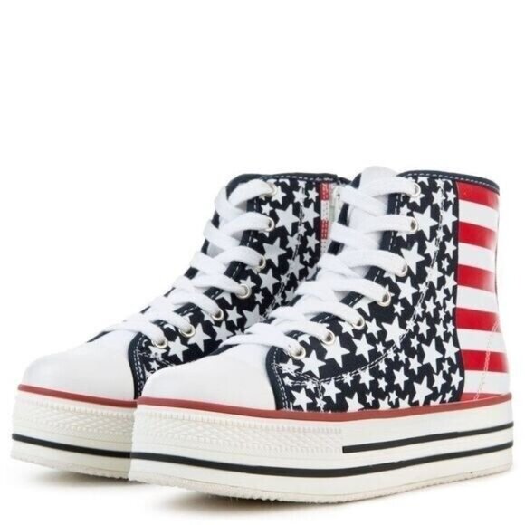 NEW Platform Red White Blue Stars Flag Hi Top Sneakers Women's SIZE 6.5 - Picture 2 of 7
